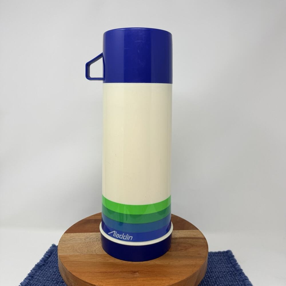 Vintage 1980s 1990s Aladdin Insulated Thermos Retro Blue Stripe Beige With Cup